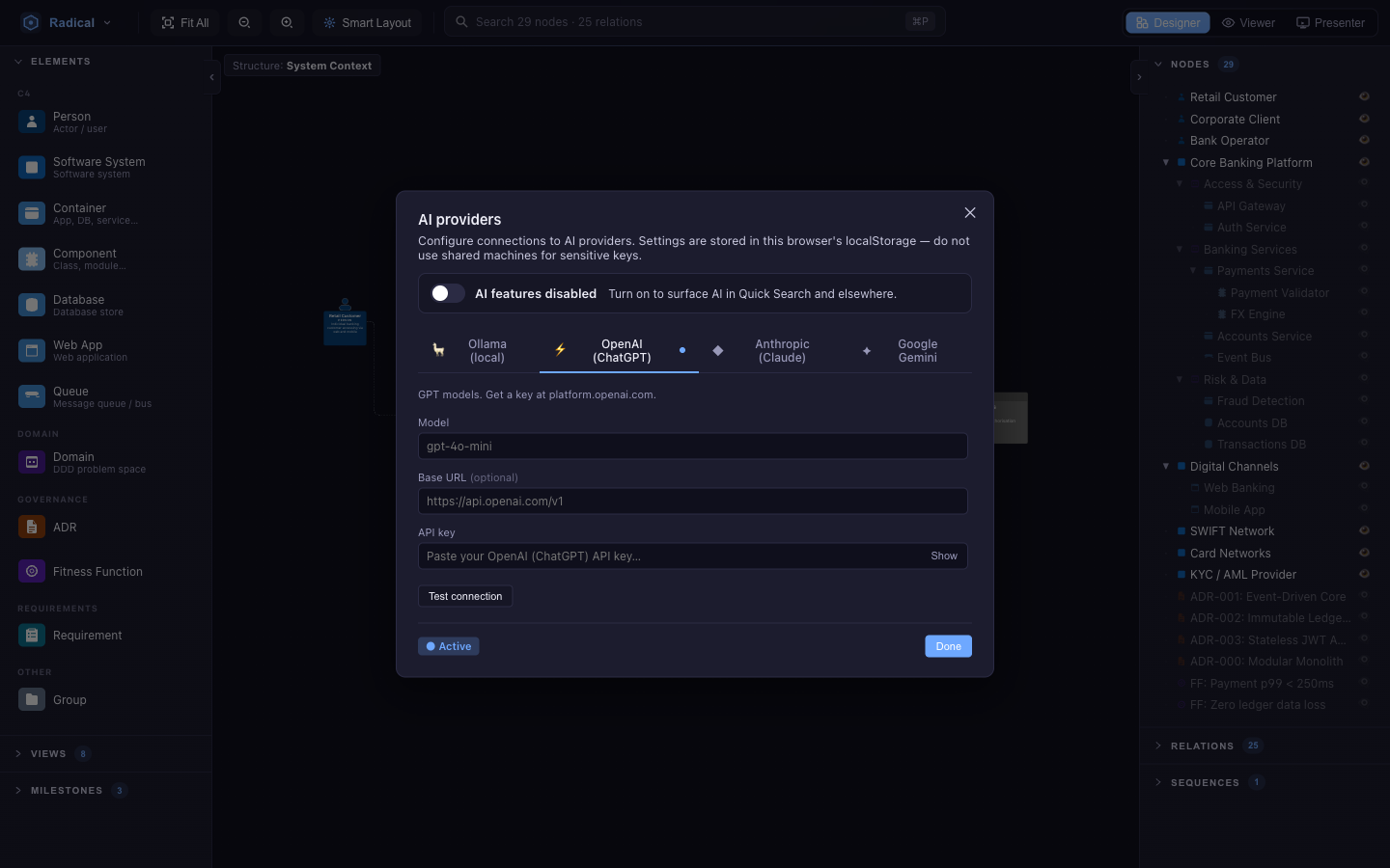 AI providers dialog with a master switch and tabs for Ollama, OpenAI, Anthropic and Google Gemini, each with model, base URL and API key fields and a Test connection button