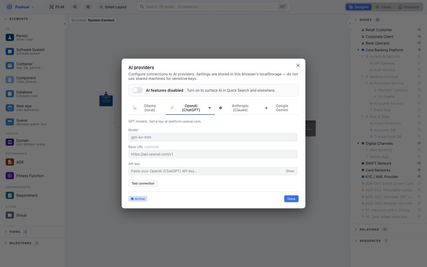 AI providers dialog with a master switch and tabs for Ollama, OpenAI, Anthropic and Google Gemini, each with model, base URL and API key fields and a Test connection button