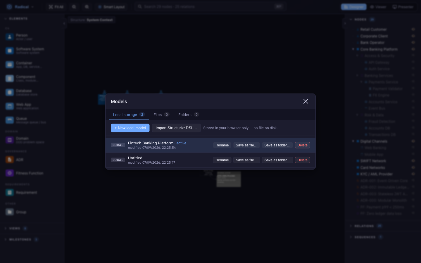 Models dialog listing local, file and folder backed models with Rename, Save as file, Save as folder and Delete actions