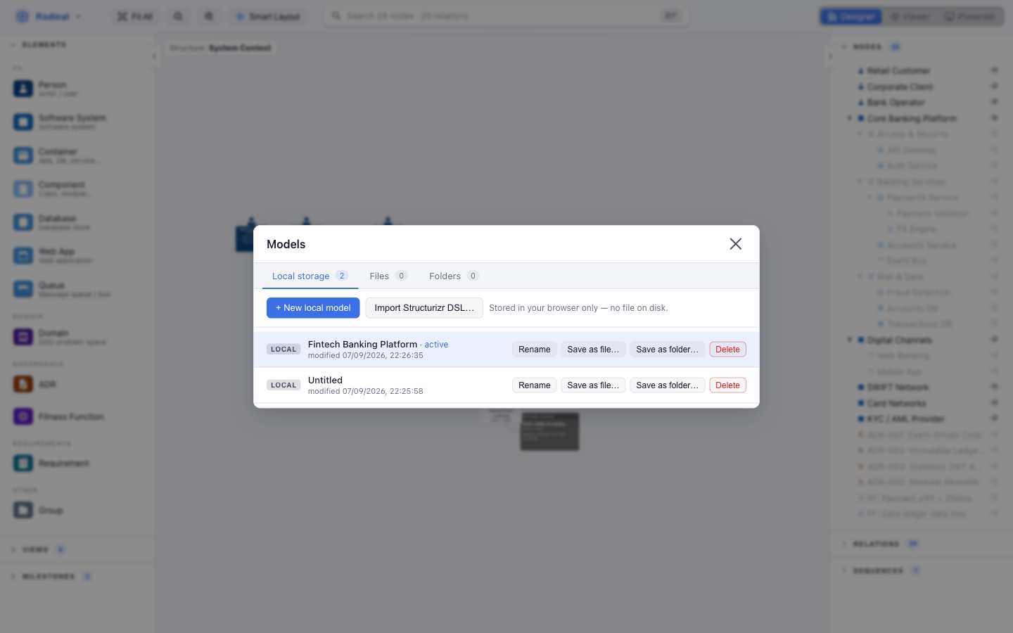Models dialog listing local, file and folder backed models with Rename, Save as file, Save as folder and Delete actions