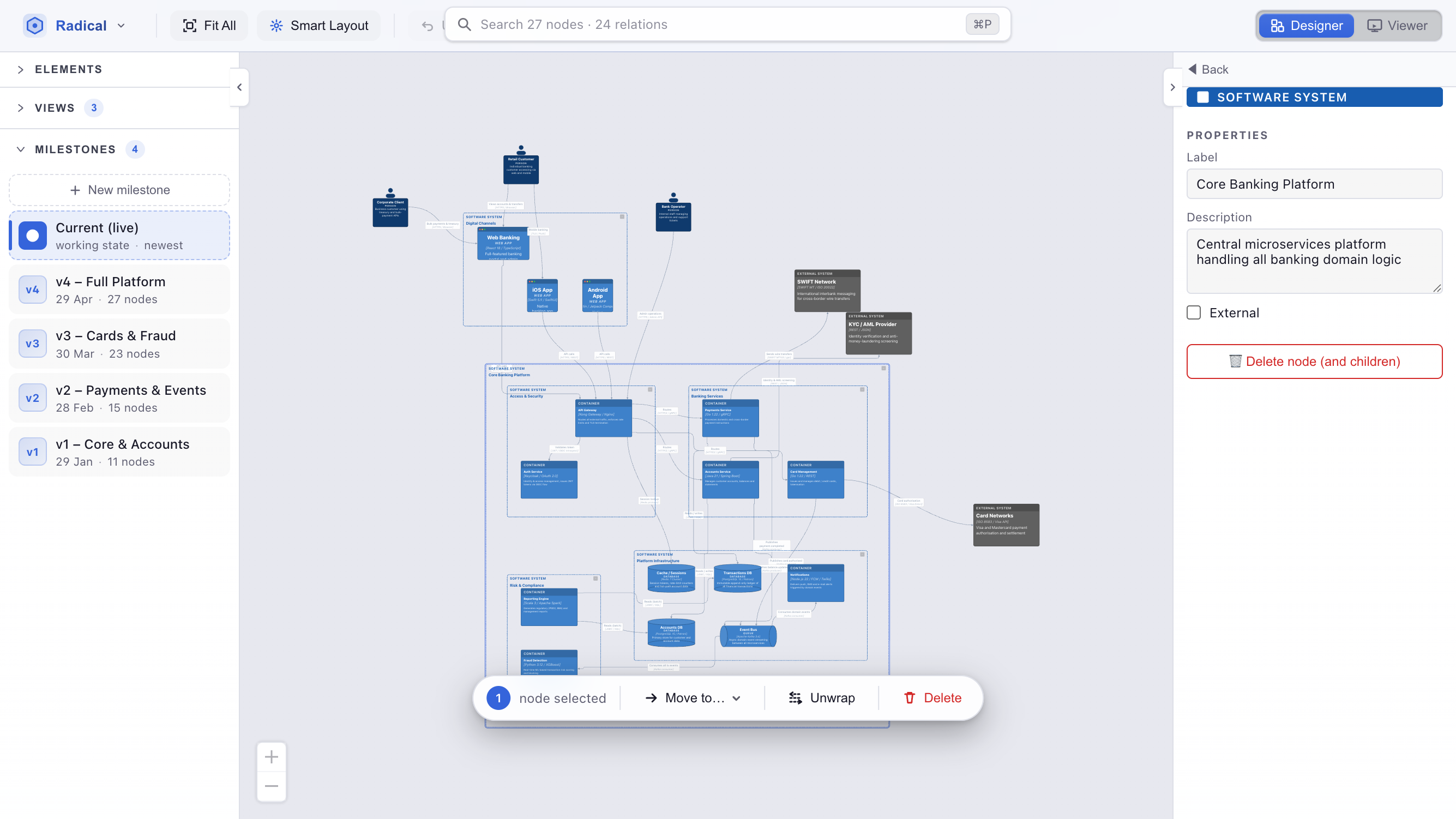 Milestones panel expanded in Designer mode showing Current (live), v4 Full Platform, v3 Cards & Fraud, v2 Payments & Events, and v1 Core & Accounts snapshots with dates and node counts