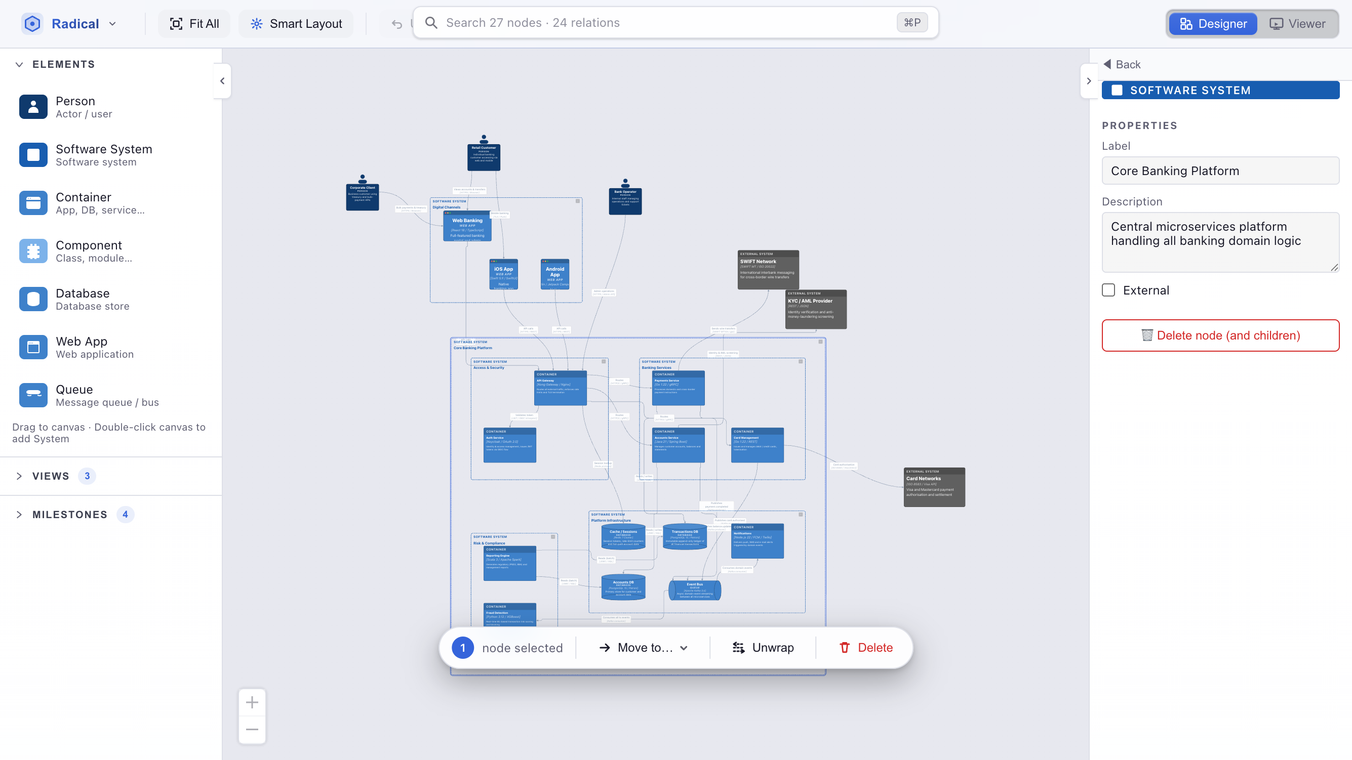 Canvas with a node selected; right panel shows Label, Description, External checkbox, and Delete node button