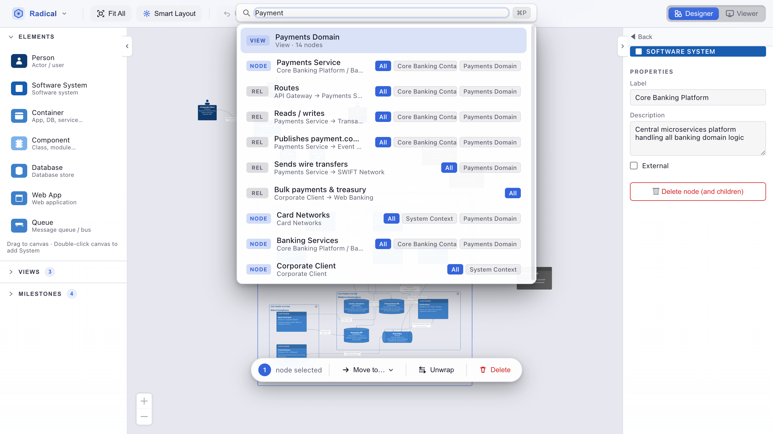 Quick search bar open with 'Payment' query showing NODE and REL result badges with path context and view filter chips